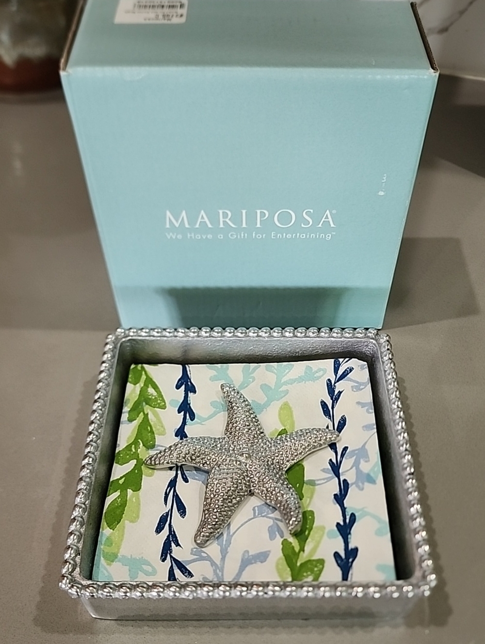 Mariposa Silver Starfish Weight and Beaded Napkin Holder with box